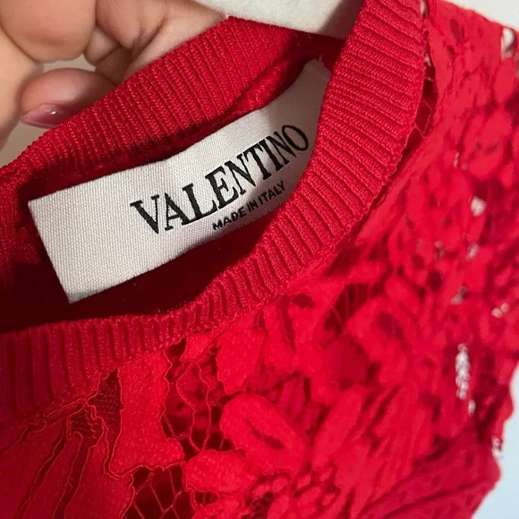 Valentino Red Lace Trimmed Knit Dress Size 36